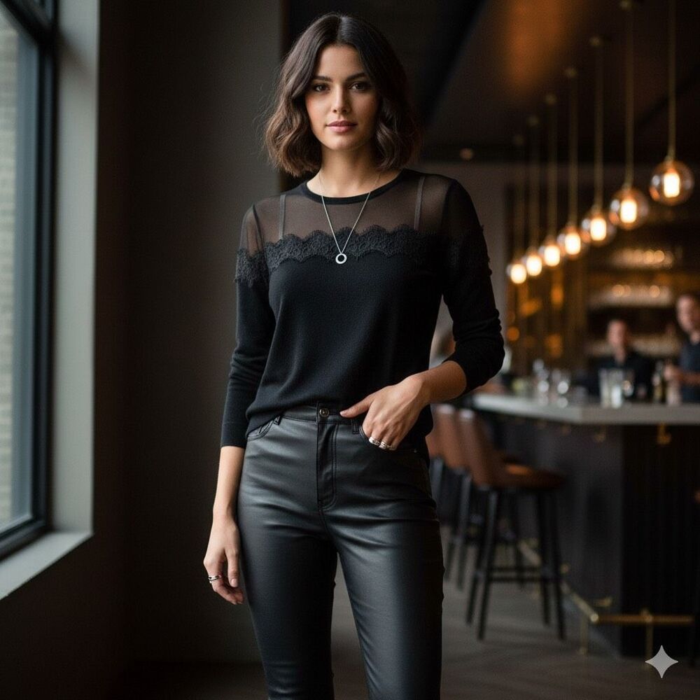 Vince Camuto Black Lace Yoke Sheer Mesh Top Petite Small Elegant Date Night Blou